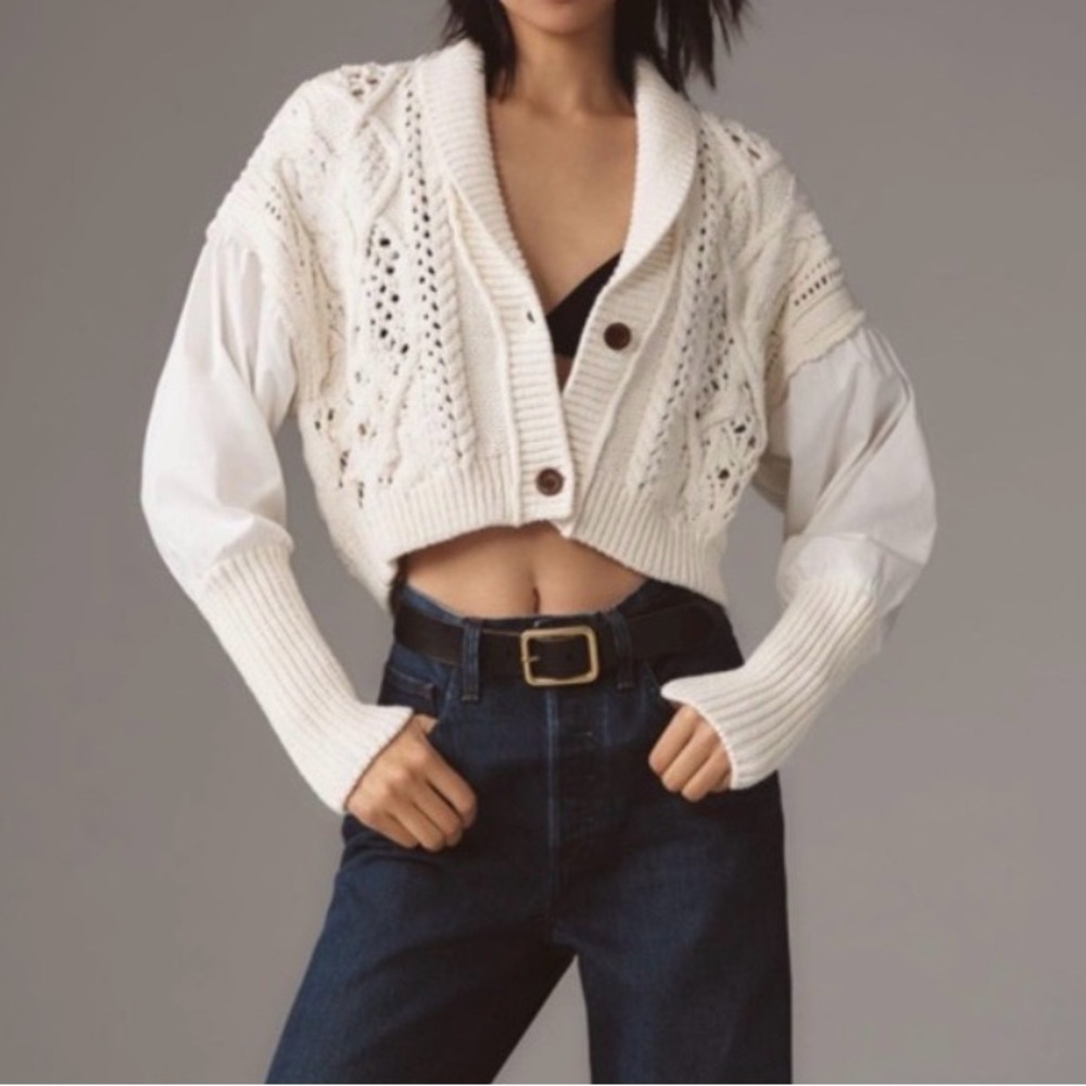 ANTHROPOLOGIE S Romantic Fisherman Poet Sleeve Crop Cable Knit Bohemian Sweater - Picture 3 of 16